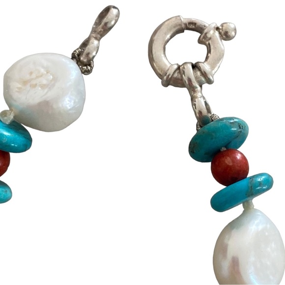 Chunky real Pearl bracelet 925 Sterling silver large clasp turquoise, coral bead - Picture 6 of 9